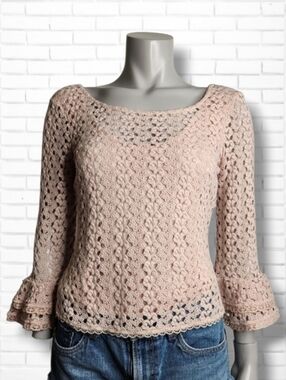 Free People Crochet Lace Bell Sleeve Scoop Neck and Back Top Size S